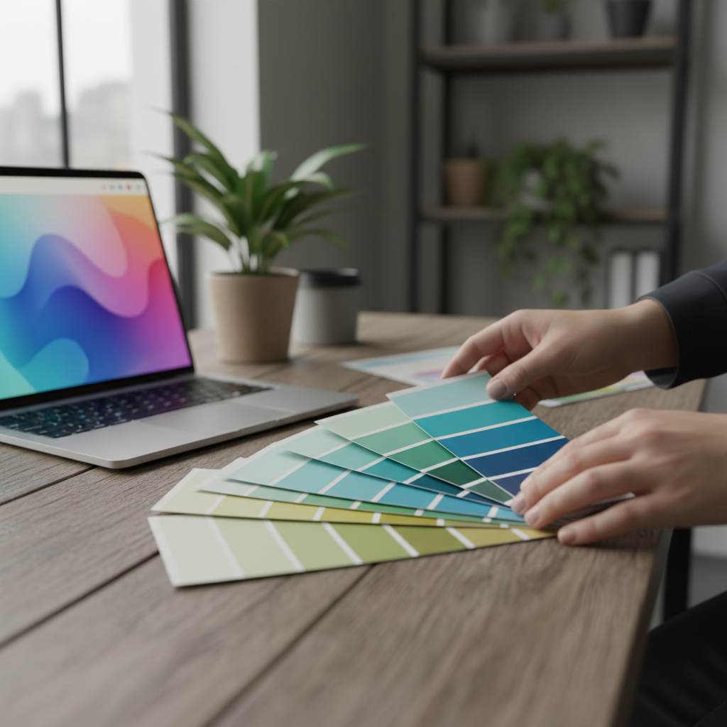 A designer arranging color swatches beside a laptop, shallow focus