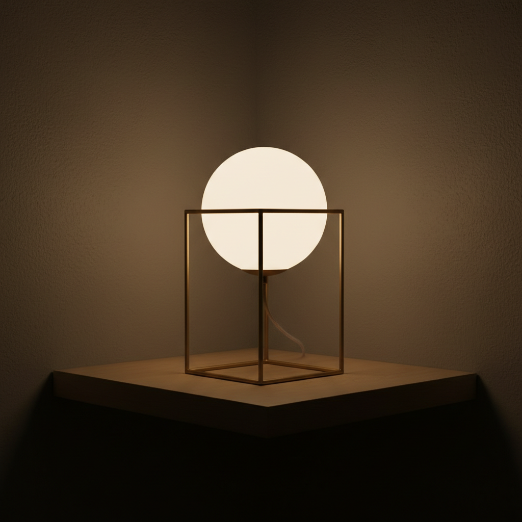 Frosted globe table lamp in a minimalist metal frame glowing warmly on a shelf