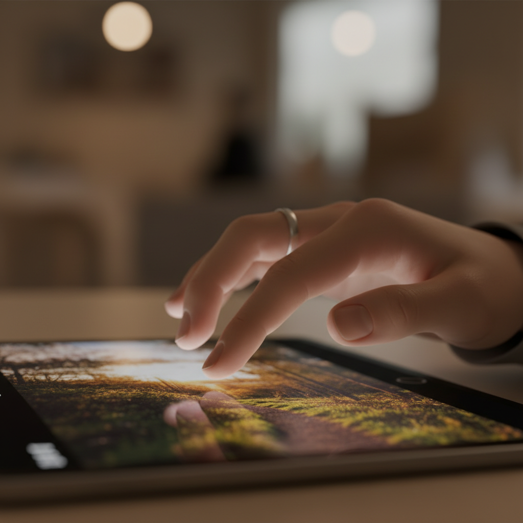 A hand swiping through a photo ebook on a tablet, shallow focus