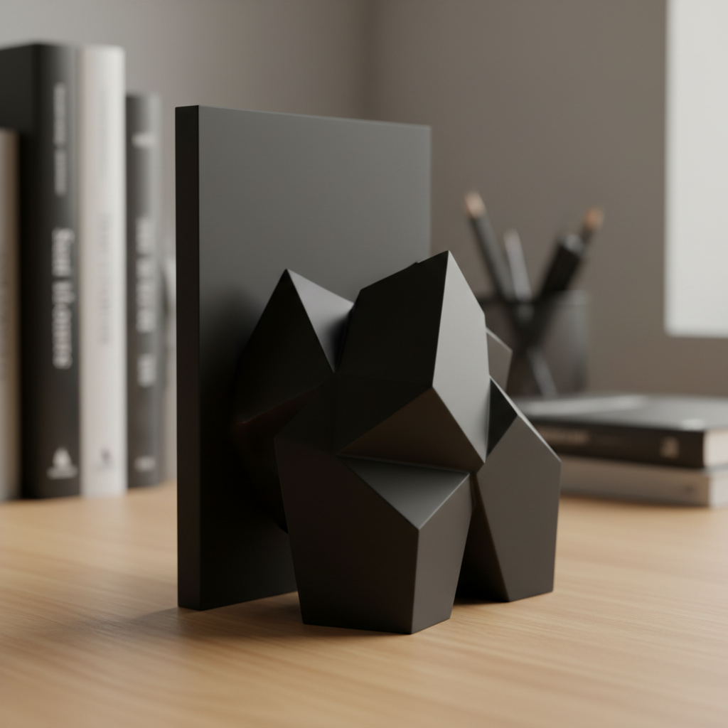 A single geometric matte-black bookend on a wooden desk, shallow focus
