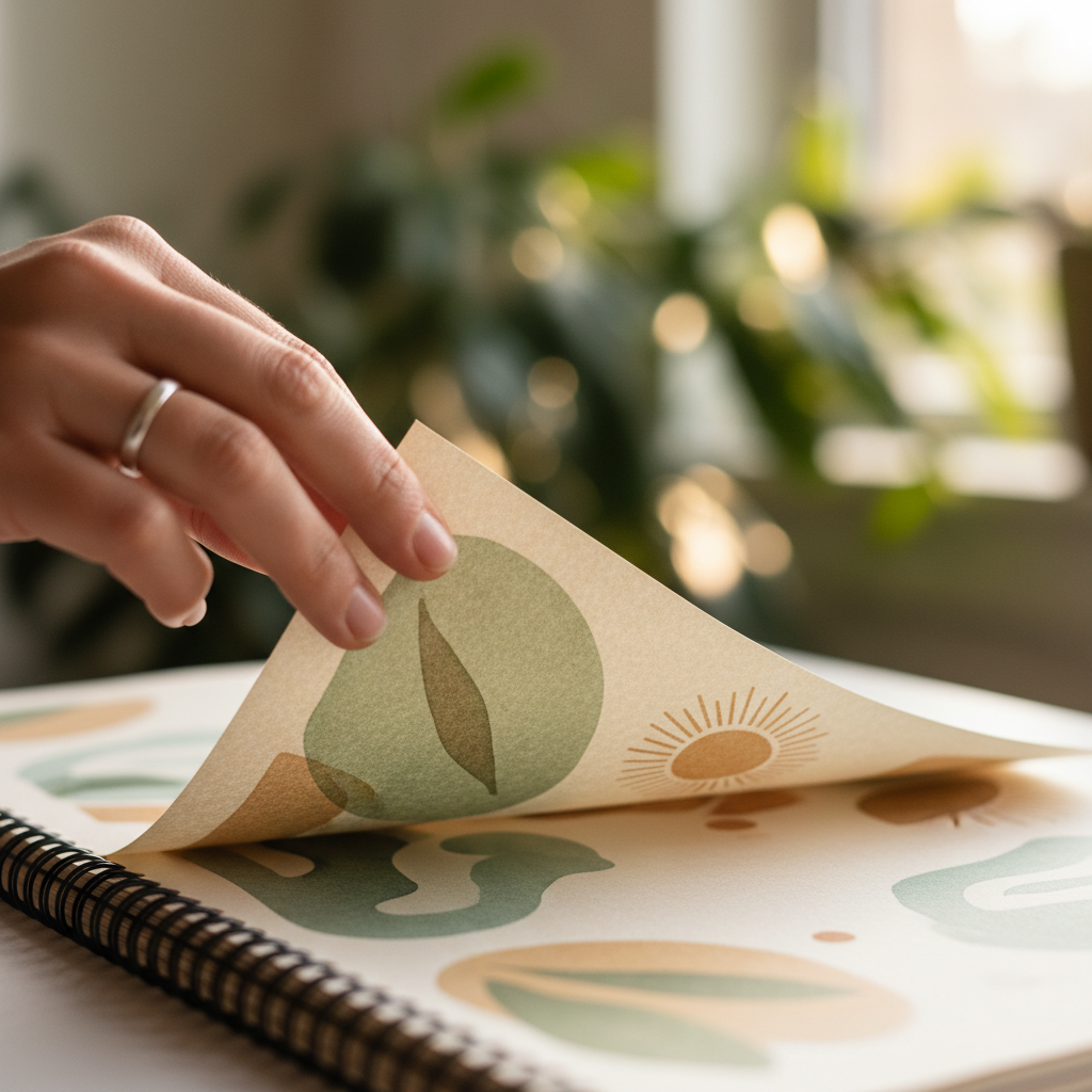 A hand flipping through a printed sustainability guide, shallow focus