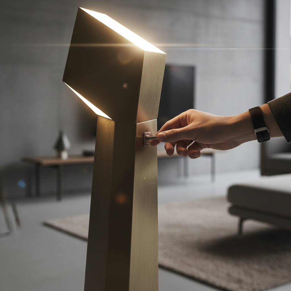 A hand switching on a sculptural angular floor lamp, shallow focus