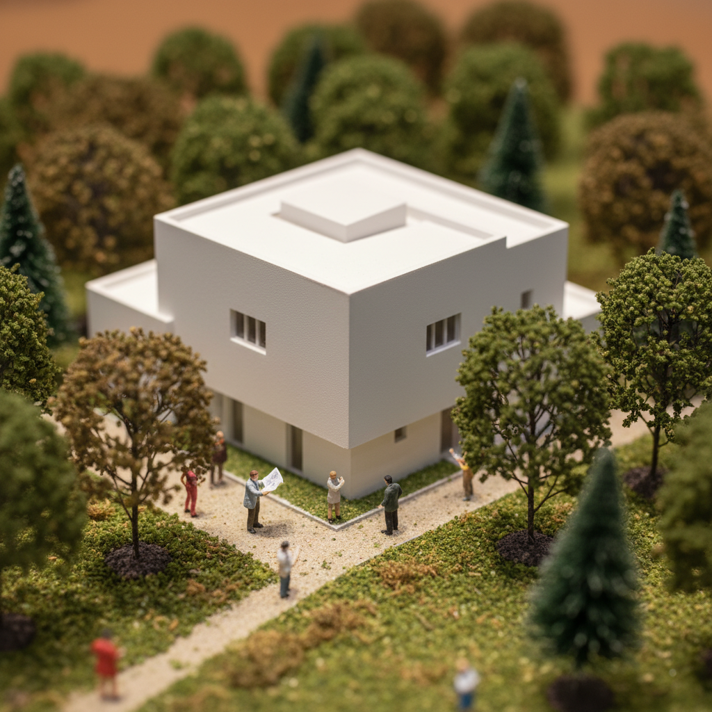 Close-up of tiny model trees and figures around a white scale building, macro
