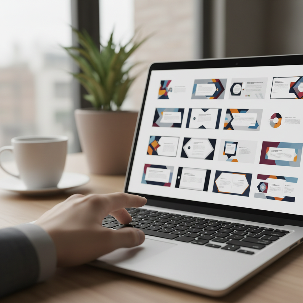 A hand clicking through slide templates on a laptop, shallow focus