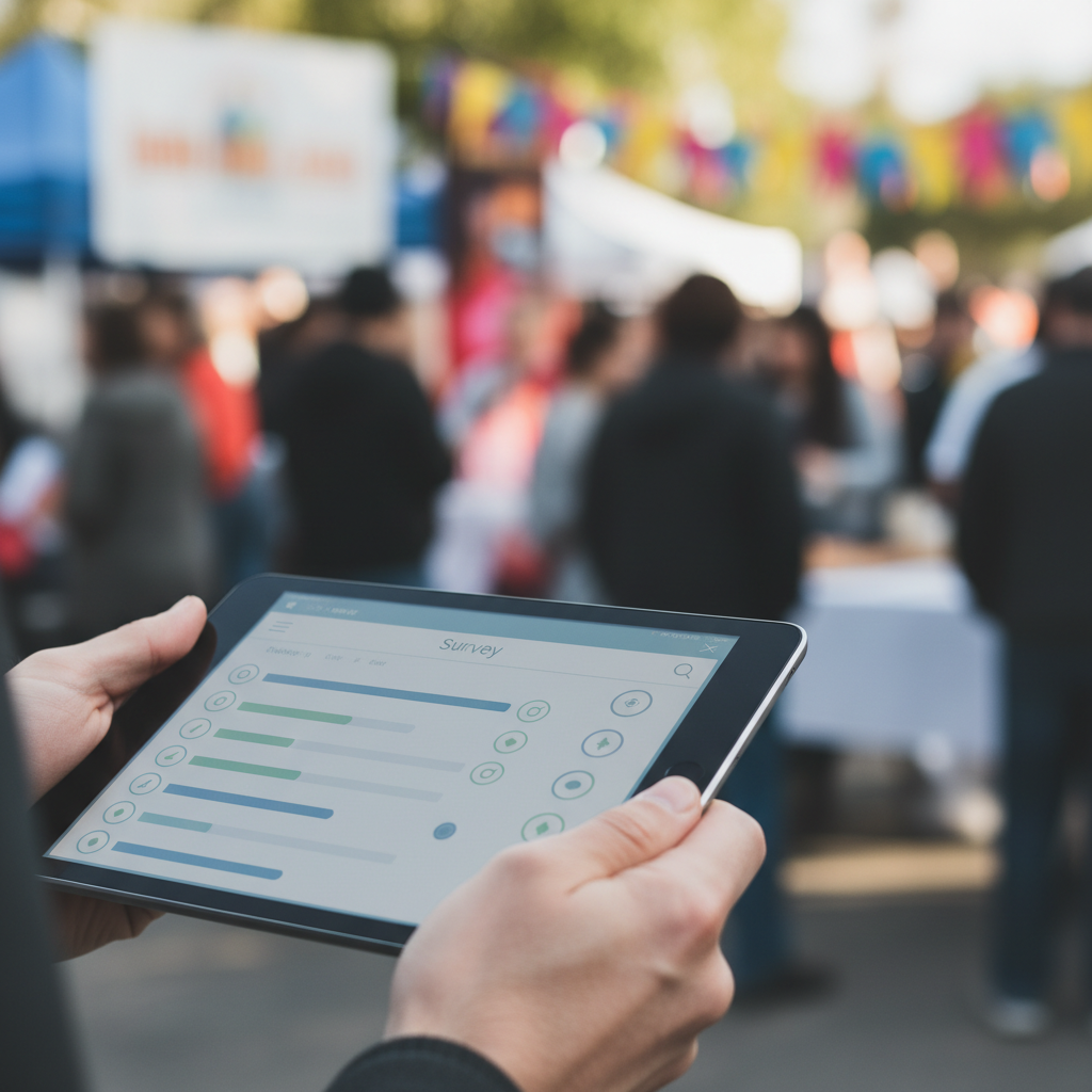 A hand holding a tablet with a survey open at a community event, shallow focus