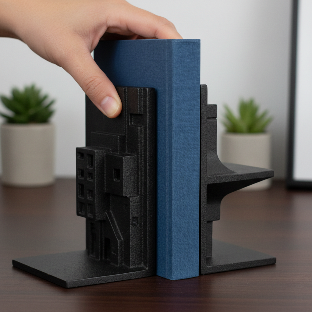A hand sliding a book between matte-black architectural cast-metal bookends
