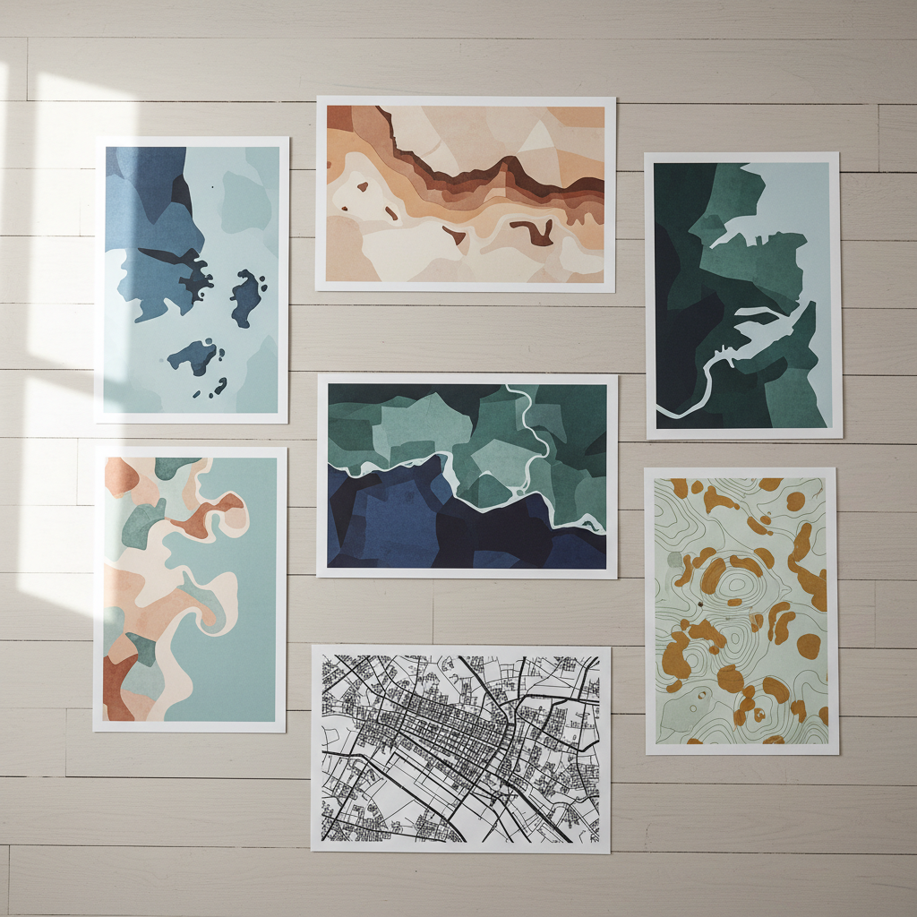 Several minimalist map-art prints laid out on a floor, top-down view