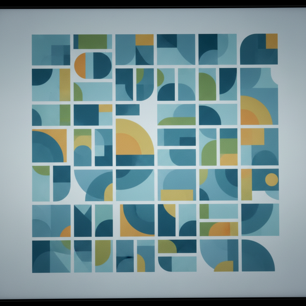 Close-up of a stylized slide thumbnail grid on a screen