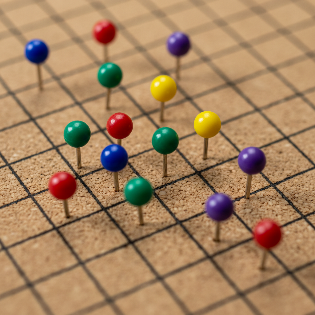 Close-up of colored map pins pressed into a cork grid board, macro focus