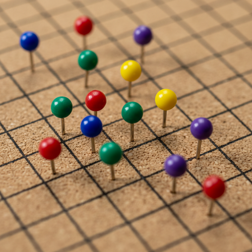 Close-up of colored map pins pressed into a cork grid board, macro focus