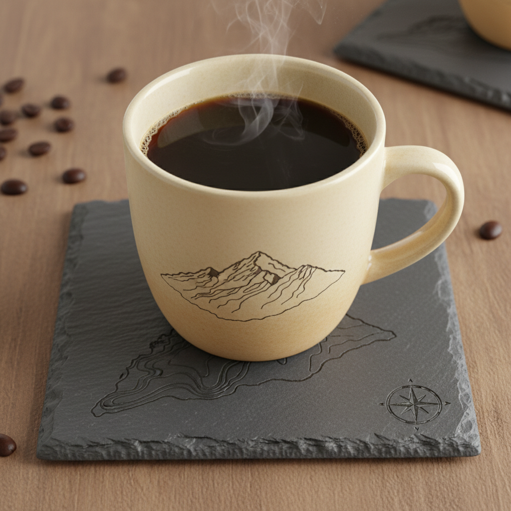 A coffee mug resting on a slate landmark coaster, top-down view
