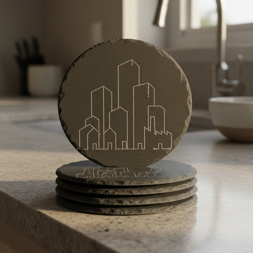 Four slate coasters with abstract etched building silhouettes stacked on a kitchen counter, warm light