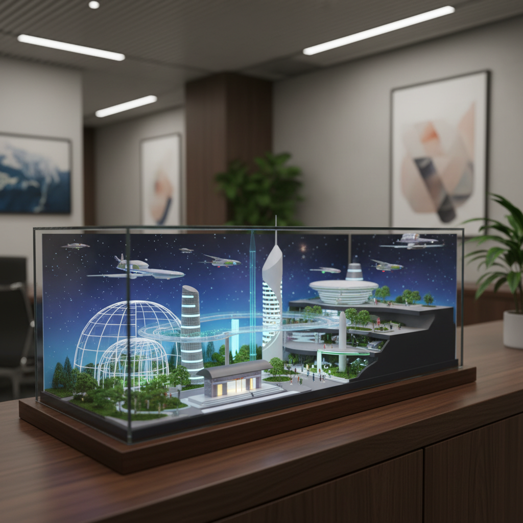 Display-case diorama on a shelf in an office lobby, shallow focus