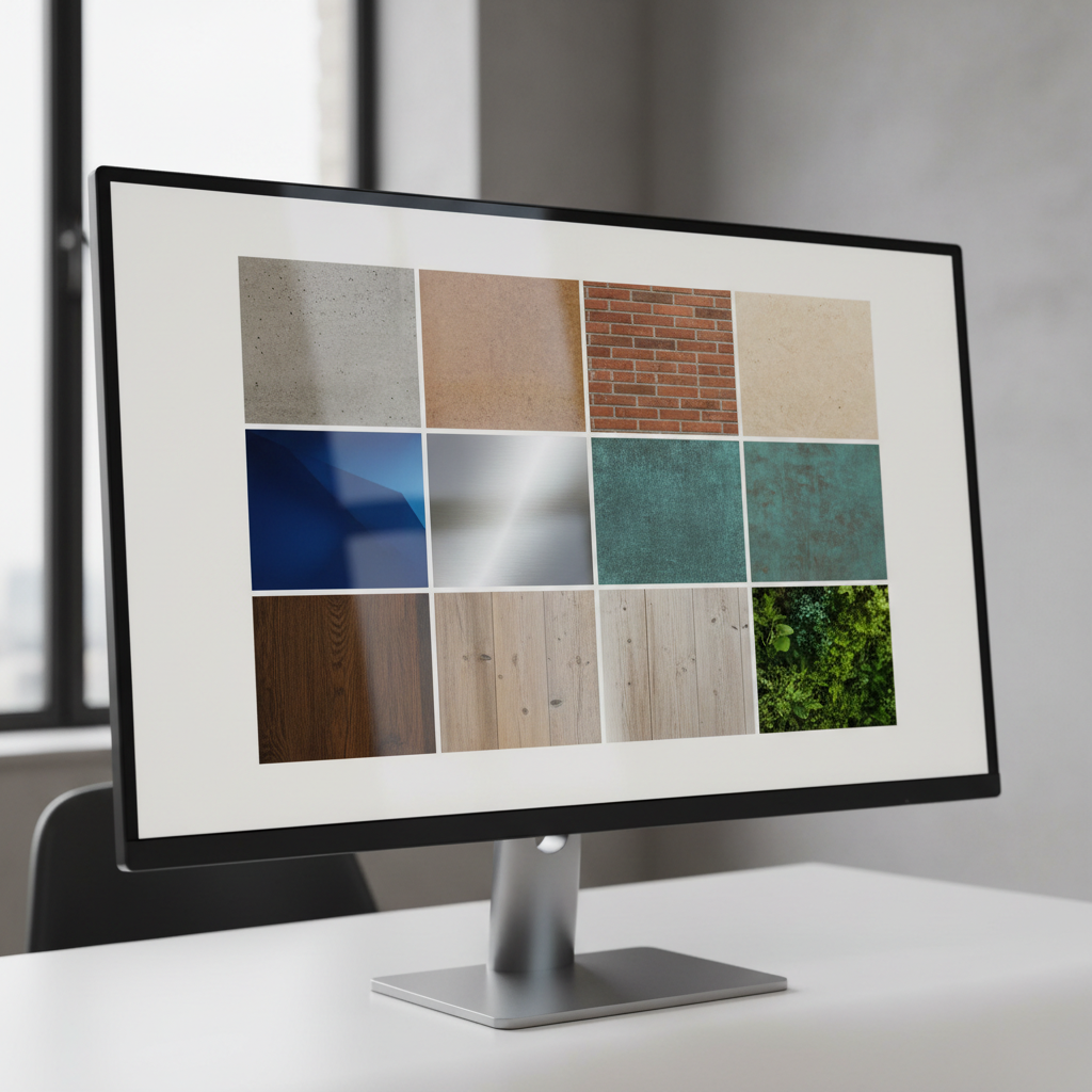 Monitor with a facade material palette open, generic color and texture blocks