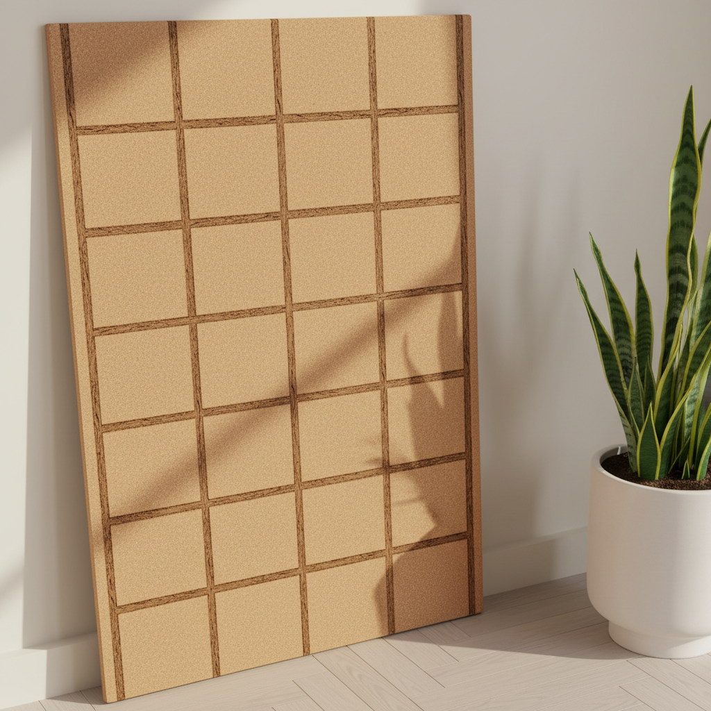 Cork grid pinboard leaning against a bright office wall beside a plant