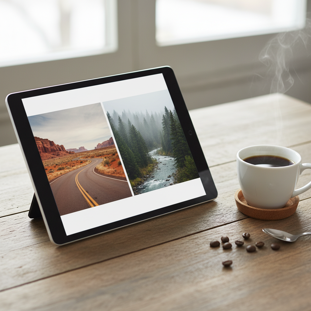 Tablet showing an open photo-essay page beside a coffee cup