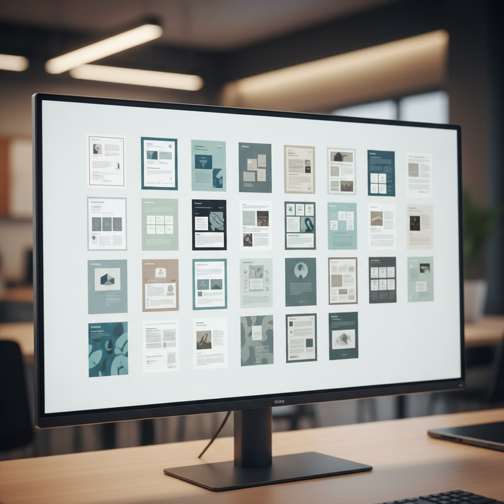 Monitor with a coordinated template library open, grid of document thumbnails