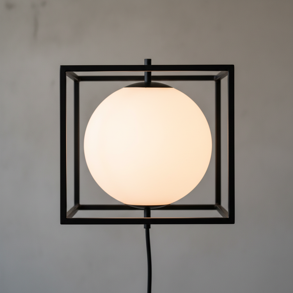 Close-up of minimalist metal frame cradling a glowing frosted globe lamp