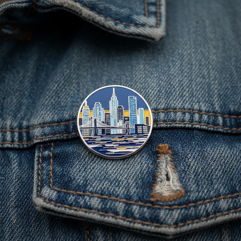 Single enamel skyline pin on a denim jacket lapel, shallow focus