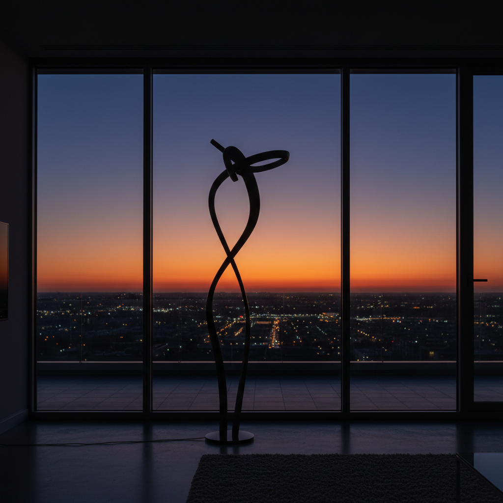 Sculptural floor lamp silhouette against large windows at dusk