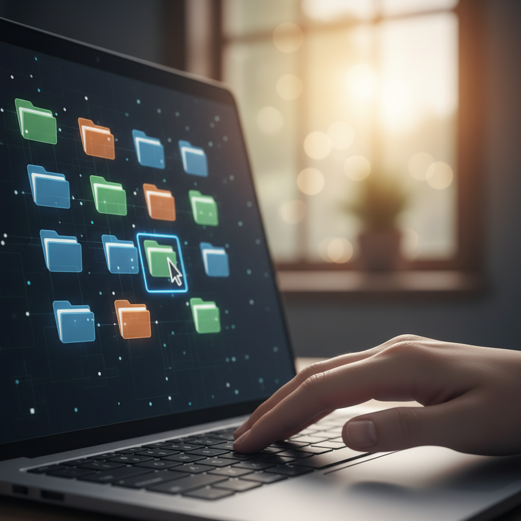 A hand organizing digital folders on a laptop, shallow focus