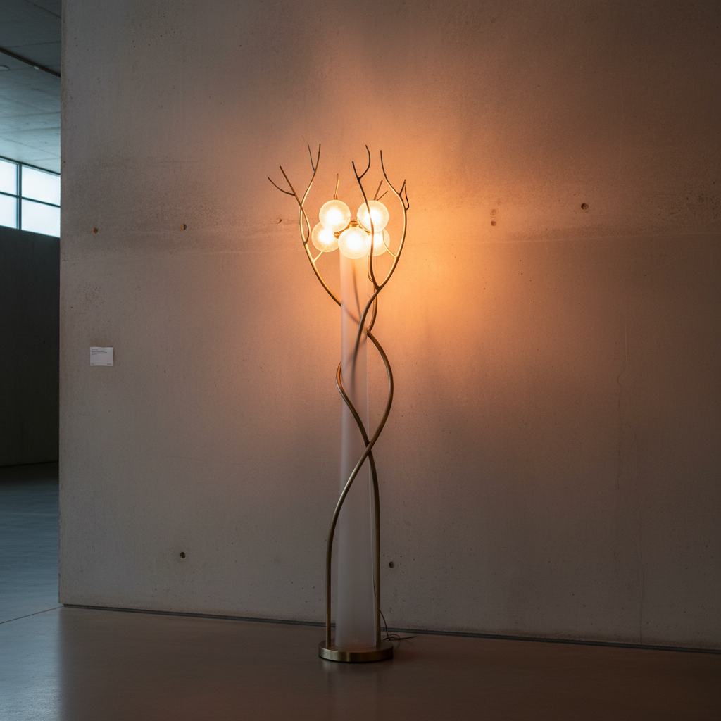 Sculptural floor lamp casting a warm wash on a gallery wall