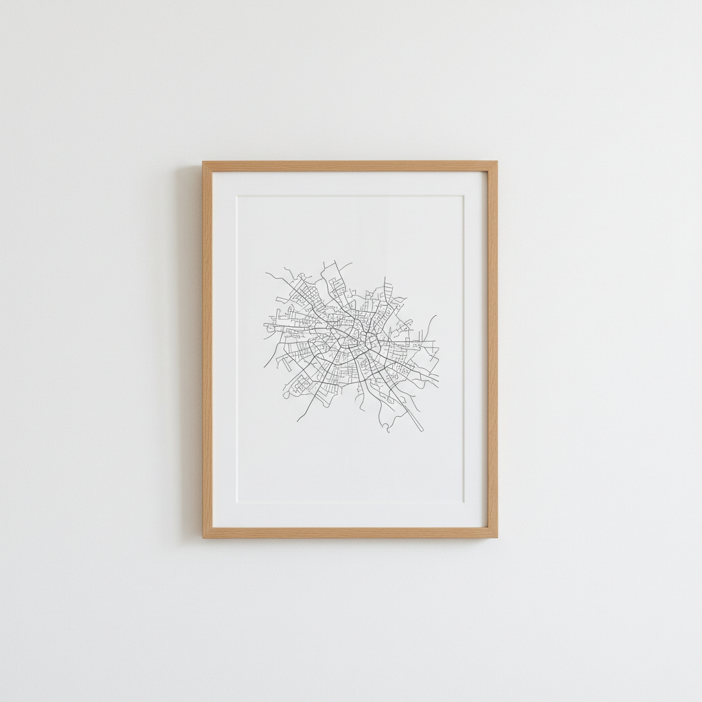 Framed minimalist city-map line print on a bright wall, abstract streets