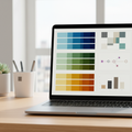 Laptop screen showing organized material and color swatch boards, clean desk