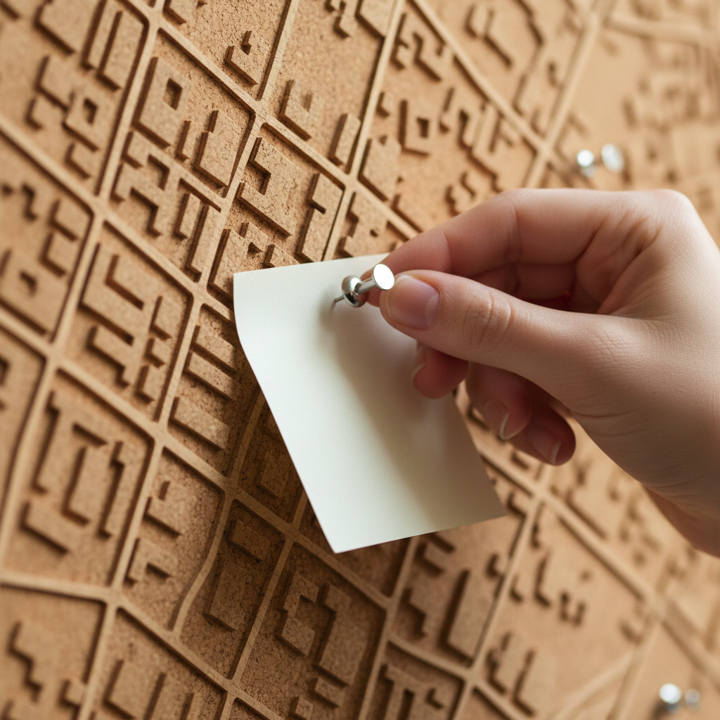 A hand pinning a small note onto a cork city-grid pinboard, shallow depth of field