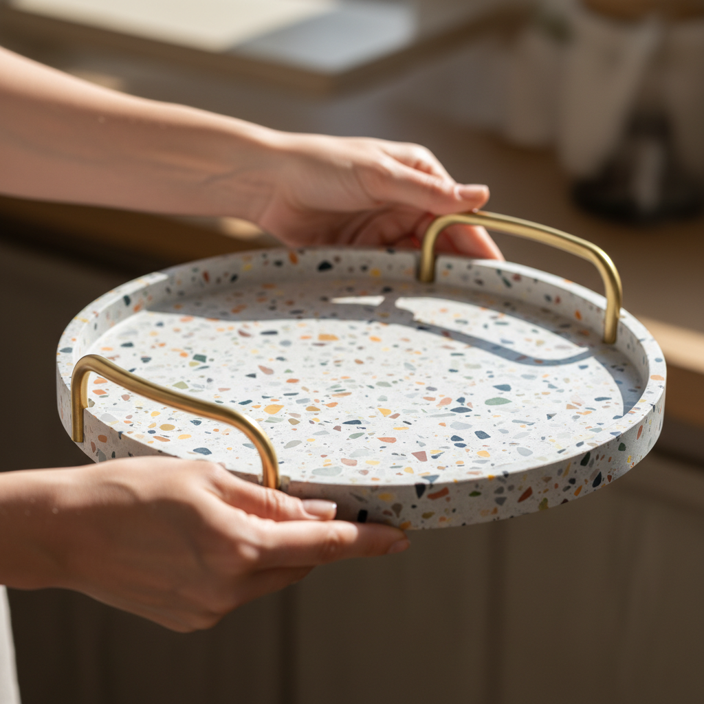 Hands carrying a terrazzo tray with brass handles, shallow focus
