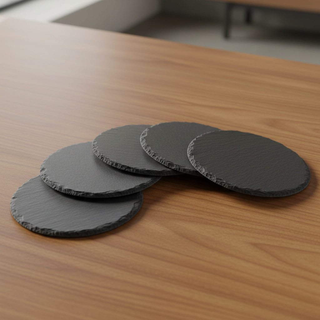 A fanned set of four slate coasters on a wooden table, studio light