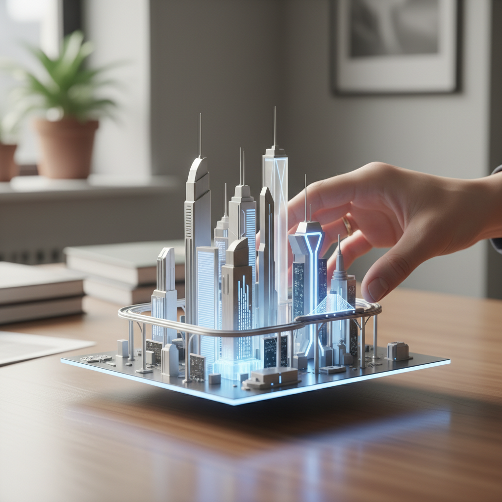 A hand lifting a small city-model sculpture from a desk, soft light