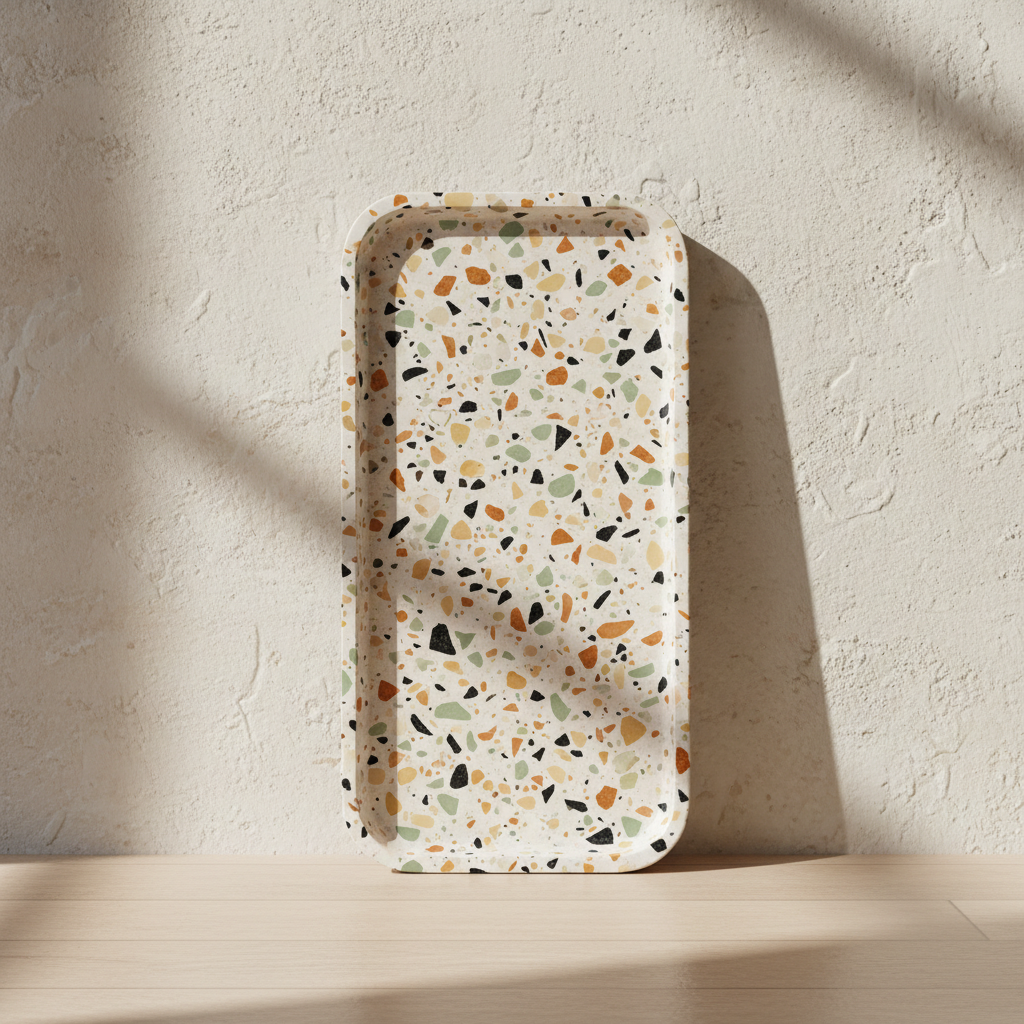 Terrazzo tray leaning upright against a wall showing its stone chip pattern