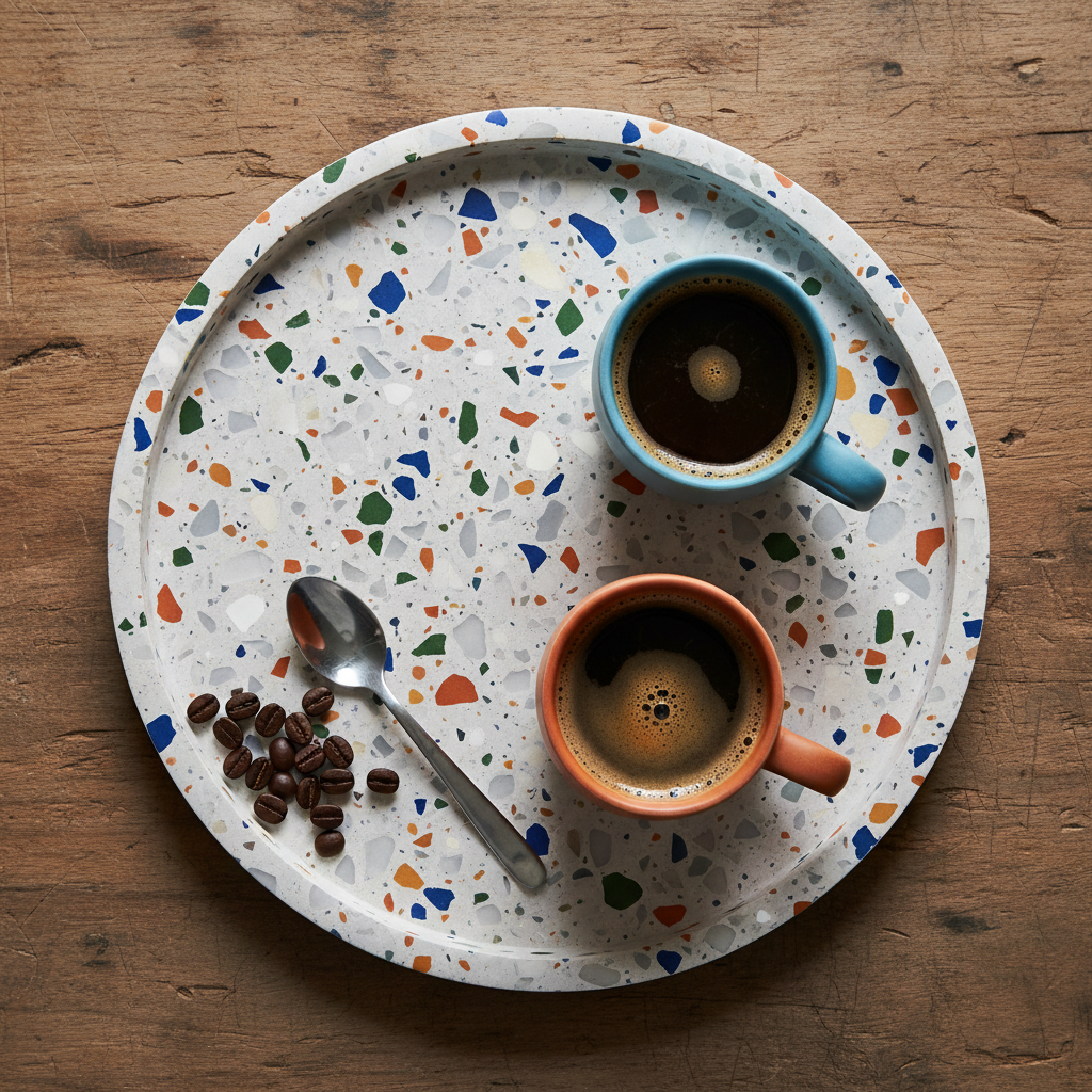 Terrazzo tray holding two coffee cups, top-down view