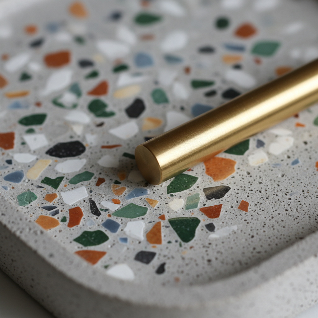 Close-up macro of terrazzo stone chips and a solid brass handle